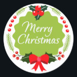 Adesivo Trendy Merry Christmas Wreath Sticker<br><div class="desc">Linda coroa de natal apresenta fita e conhaque,  folhas e forma. Você pode personalizá-lo com seu próprio texto e cor de fundo.</div>
