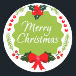 Adesivo Trendy Merry Christmas Wreath Sticker<br><div class="desc">Linda coroa de natal apresenta fita e conhaque,  folhas e forma. Você pode personalizá-lo com seu próprio texto e cor de fundo.</div>
