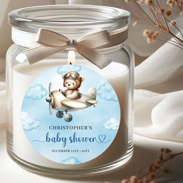 Adesivo Trendy Teddy Bear Pilot Airplane Blue Brown Baby  (Trendy Teddy Bear Pilot Airplane Blue Brown Baby Shower Sticker

)