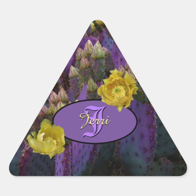 Adesivo Triangular Cactus Roxo Com Flores Amarelas (Frente)