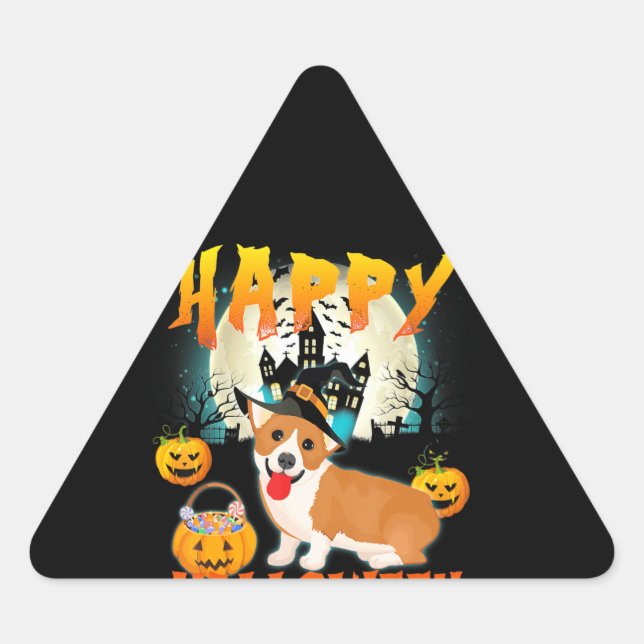 Adesivo Triangular Feliz Halloween Cute Corgi Witch Pumpkin Ghost (Frente)