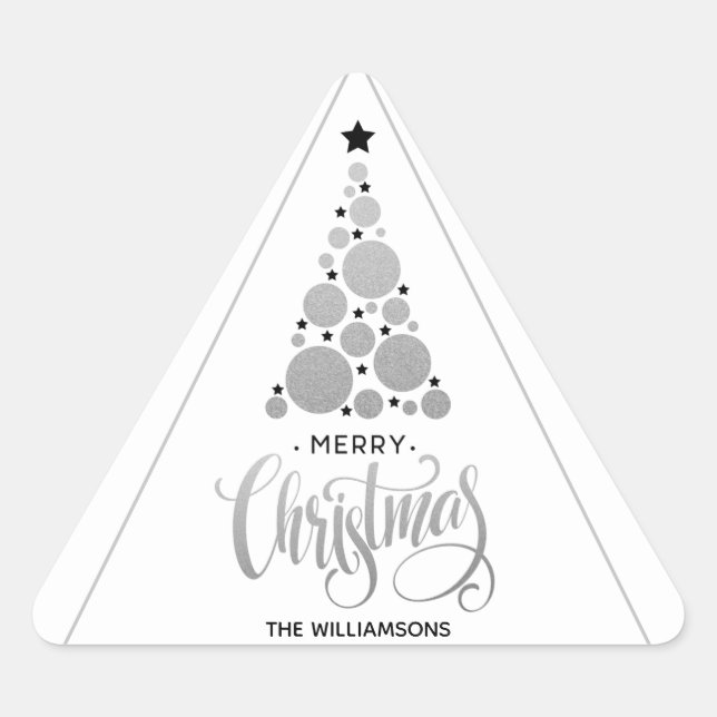 Adesivo Triangular Feriado de Árvore de Natal de Prata Moderna (Frente)