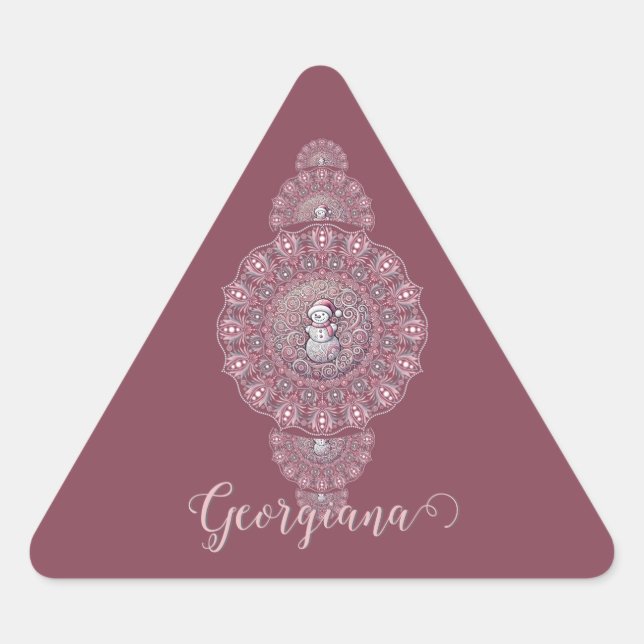 Adesivo Triangular Nome Personalizado Whimsical Snowman Mandala Ornam (Frente)