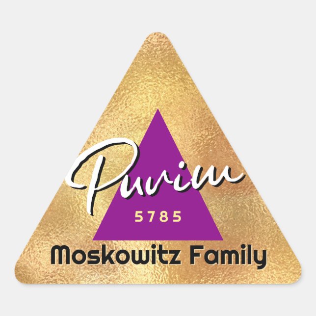 Adesivo Triangular Purim Feliz Personalizado - Hamentash Dourado (Frente)