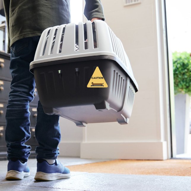 Adesivo Triangular Tampões para cães dachshund amarelos (A dachshund sticker on a dog crate)