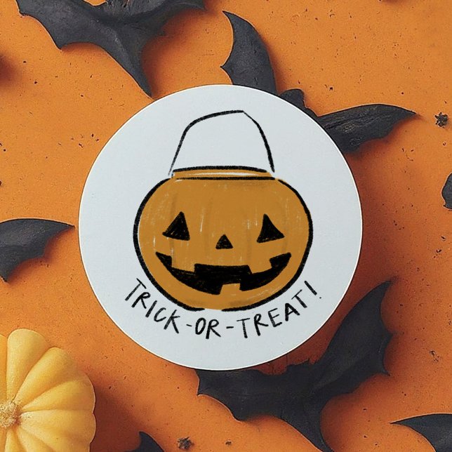 Adesivo Trick ou Tratar Pumpkin Laranja Ilustrado (Trick or Treat Illustrated Orange Retro Pumpkin Classic Round Sticker)