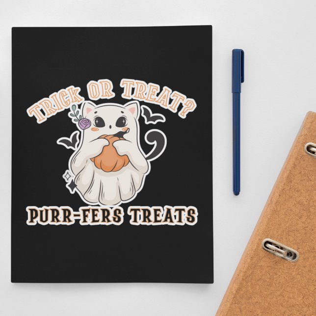 Adesivo Trick ou Treat? Purr-fers Treats! Gato Fantasma En (Trick or treat? Cute ghost cat)