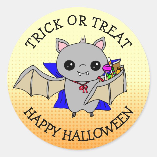 Adesivo Trick ou Treine Bat Cute Segurando Doces Halloween (Frente)