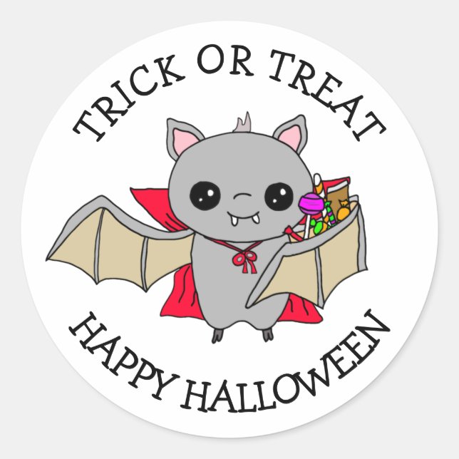 Adesivo Trick ou Treine Bat Cute Segurando Doces Halloween (Frente)