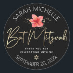 Adesivo Tropical Bat Mitzvah Black Dourada Floral Watercol<br><div class="desc">Tenha orgulho, alegria e comemore este marco do seu Bat Mitzvah favorito sempre que você usa este adesivo sofisticado e personalizado! Uma na moda, espantosa, colorida e colorida flor de plumeria de aquarelas tropicais, falso guião dourado manuscrito, Estrela de David e pontos brilhantes, juntamente com o tipo branco moderno de...</div>