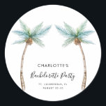 Adesivo Tropical Palm Trees Coastal Bachelorette Party<br><div class="desc">Elevate your bachelorette weekend vibes with our custom palm tree sticker! Picture this: lush, tropical palm fronds swaying gently, printed on this sticker, ready to add a touch of paradise to your celebration. Personalize them with the bride-to-be's name, your dreamy destination, and the unforgettable date, making each sticker a cherished...</div>