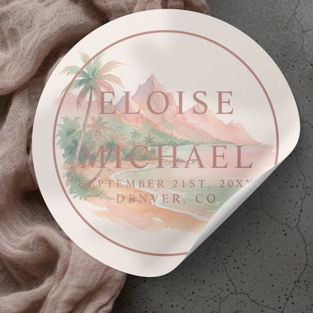 Adesivo Tropical Sunset Island Beach Watercolor Wedding (Tropical Sunset Island Beach Watercolor Wedding Classic Round Sticker)