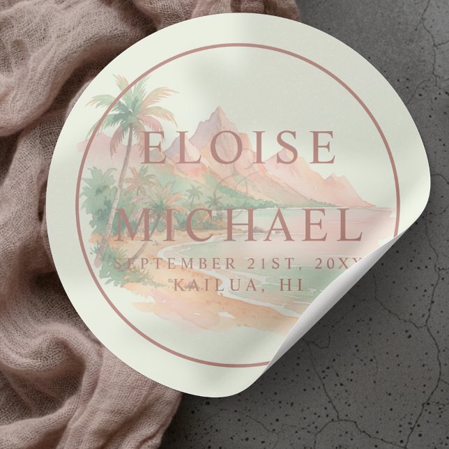 Adesivo Tropical Sunset Island Beach Watercolor Wedding (Tropical Sunset Island Beach Watercolor Wedding Classic Round Sticker)