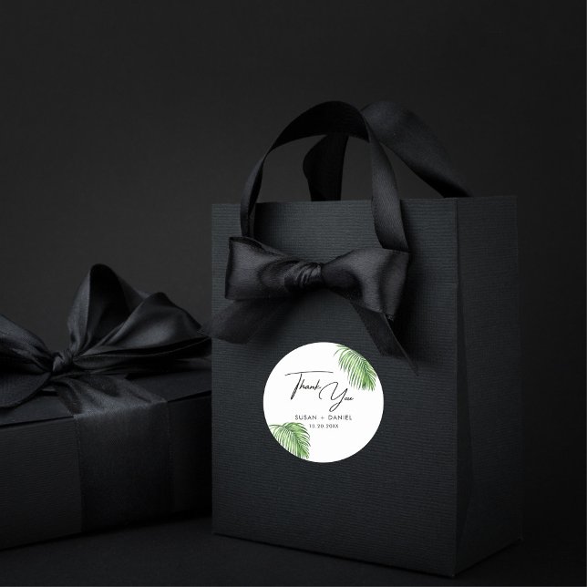 Adesivo Tropical Watercolor Palm deixa casamento Obrigado (Criador carregado)