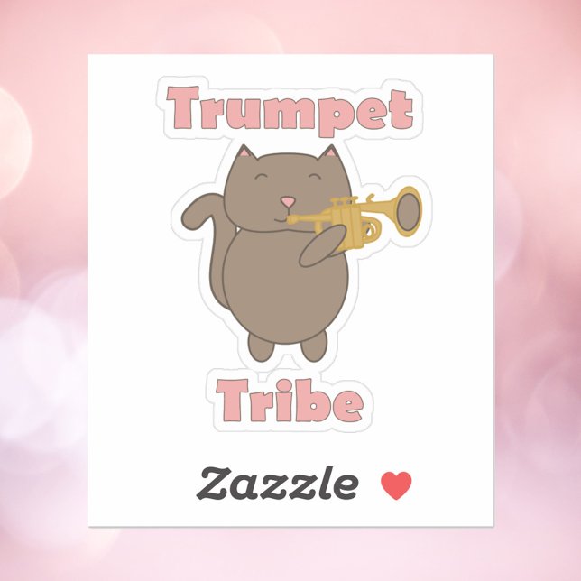 Adesivo Trumpet Tribe Cat Music (A sticker with a cute brown cat playing the trumpet and the words trumpet tribe in pink.)