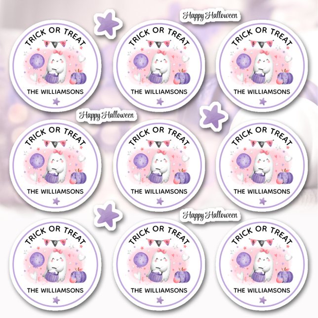Adesivo Truque De Halloween Ou Nome De Tratamento Cortado  (Halloween Trick Or Treat Name Pink Kiss Cut Sticker)