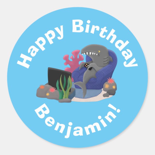 Adesivo Tubarão engraçado assistindo desenhos animados na  (Frente)