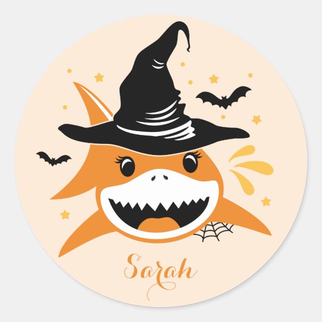 Adesivo Tubarão Fofo Halloween Bruxa Nome Personalizado (Frente)