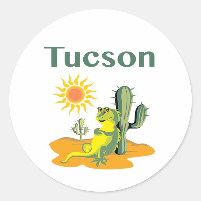 Adesivo Tucson Arizona Lizard sob Saguaro Classic Round (Frente)