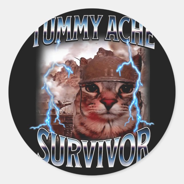 Adesivo Tummy ache survivor funny cat meme survived today' (Frente)