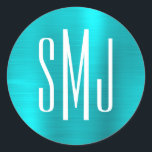 Adesivo Turquesa Blue Foil Três Letras Monograma<br><div class="desc">Um simples design monograma de três letras em adesivos de favor. Vedantes de envelope monograma de casal de casamento. O fundo apresenta um gráfico falso aqua azul-ombre metálico de folha metálica digital. O efeito de arte digital impressão como uma foto com um design de texto monograma.</div>