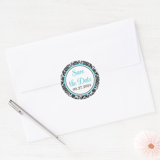 Adesivo Turquesa, Casamento tema damasco Preto, Branco (Envelope)
