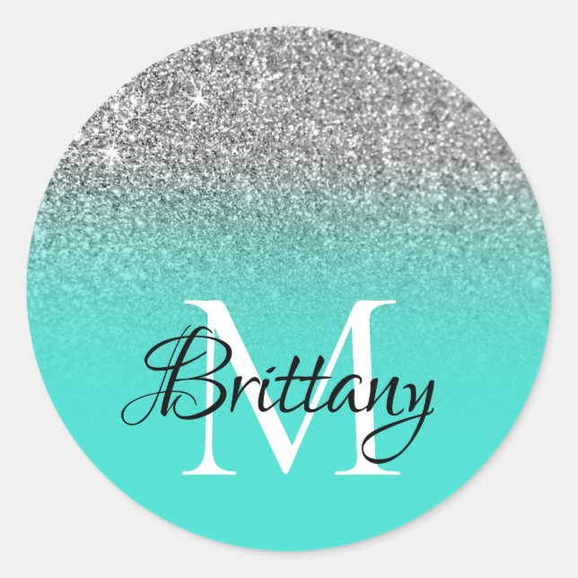 Adesivo Turquesa Prateada Glitter Ombre Monogramada (Frente)