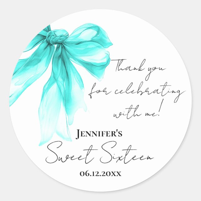 Adesivo Turquoise Bow Coquette Script Sweet 16 Thank You  (Frente)