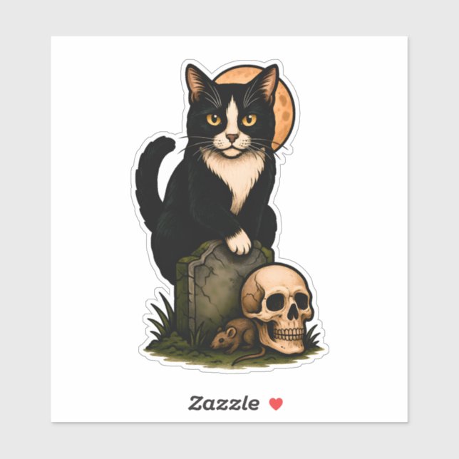 Adesivo Tuxedo Cat and Skull – Cute Gothic Graveyard Desig (Folha)