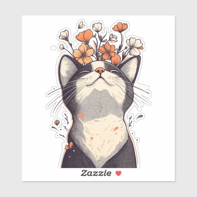 Adesivo Tuxedo Cat e flores adoráveis (Folha)