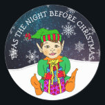 Adesivo Twas the Night Before Christmas Elf<br><div class="desc">A mão bonita puxou o elfo de Natal sentado com os seus presentes numa noite cheia de estrelas.</div>
