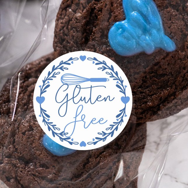 Adesivo Uísque e uísque azul-de-água (Gluten Free Bakery Whisk & Wreath Blue Classic Round Sticker)