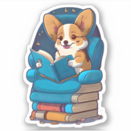 Adesivo Um cachorrinho Corgi lendo um livro