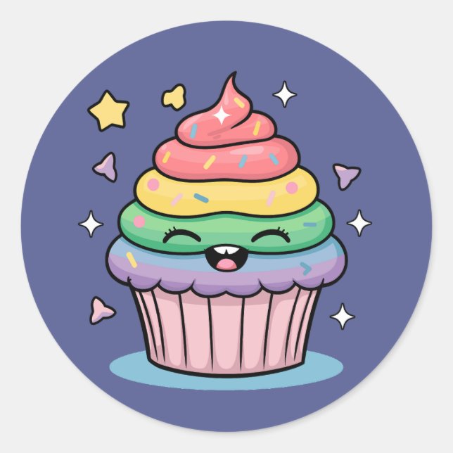 Adesivo Um cupcake Kawaii gigante com glacé arco-íris e (Frente)