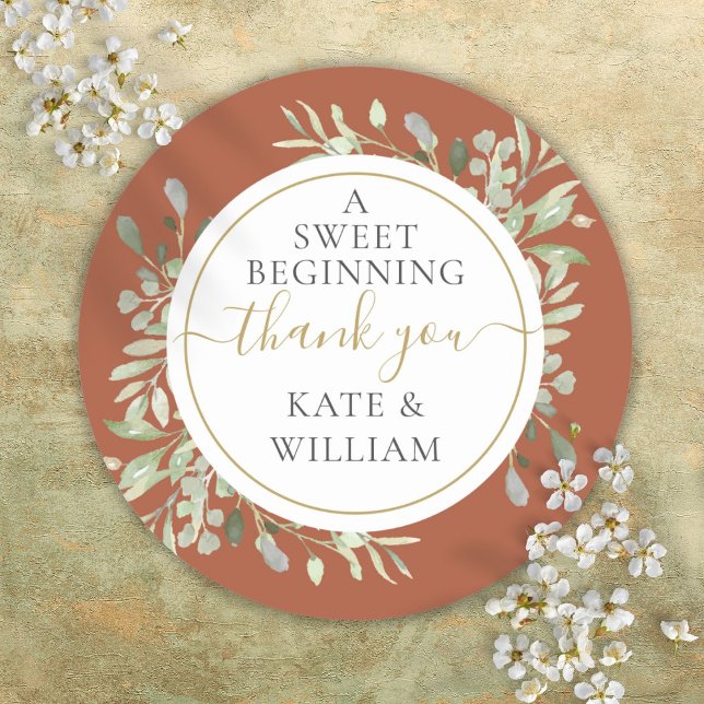 Adesivo Um Doce Começo Terracotta Greenery Casamento (A Sweet Beginning Terracotta Greenery Wedding Classic Round Sticker)