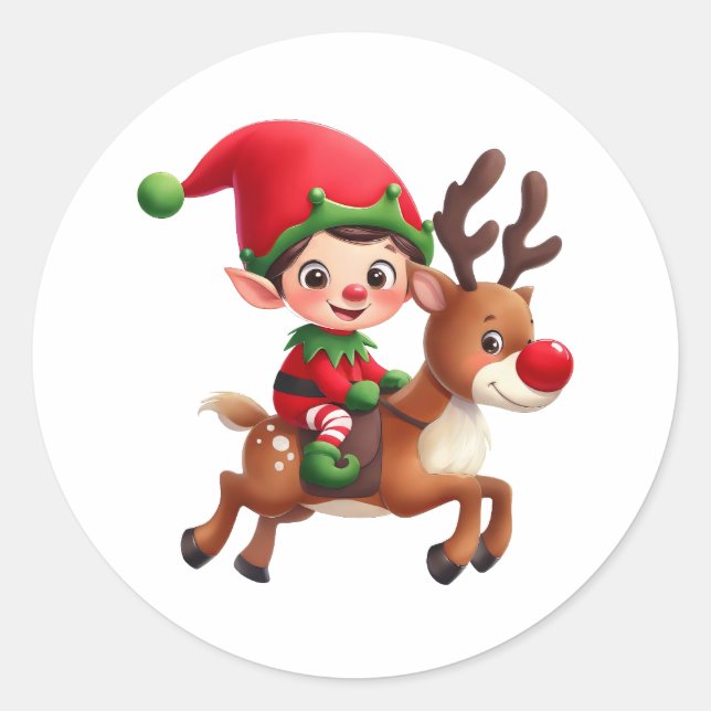 Adesivo Um Elfo de Natal bonito a dar uma volta a Rudolph (Frente)