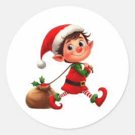 Adesivo Um feliz Elfo de Natal puxando um saco de brinqued