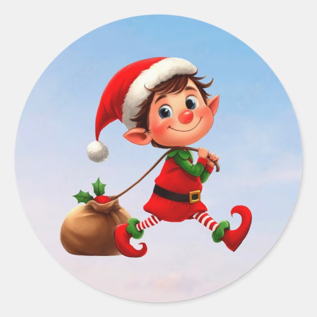 Adesivo Um feliz Elfo de Natal puxando um saco de brinqued (Frente)