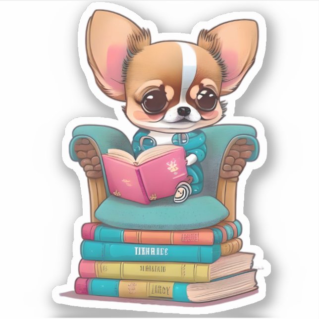 Adesivo Um filhote de Chihuahua lendo um livro (Frente)