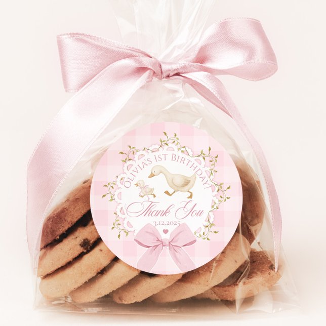 Adesivo Um Ganso Bobo Rosa Gingham Caprichoso Obrigado (Criador carregado)