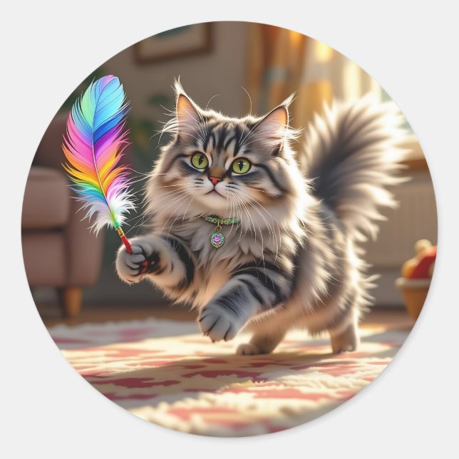 Adesivo Um gato fofo bonito perseguindo uma pena (Frente)