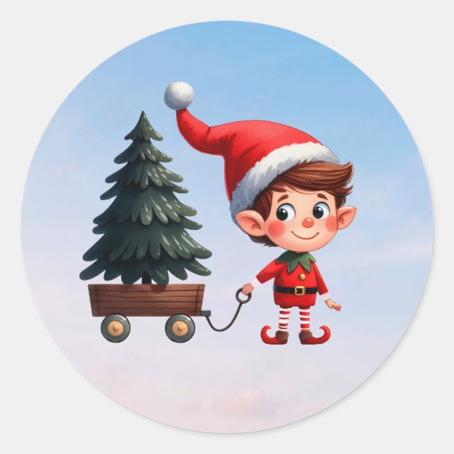 Adesivo Um lindo Elfo de Natal puxando uma carroça com uma (Frente)