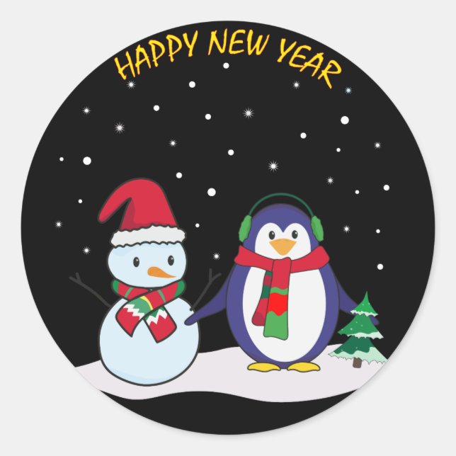 Adesivo Um pinguim e um boneco de neve, Feliz ano novo! (Frente)