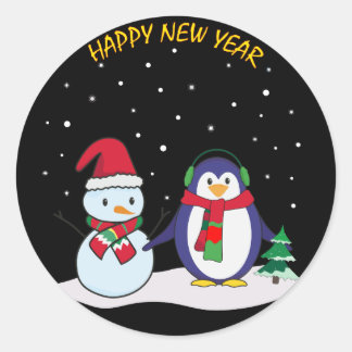 Adesivo Um pinguim e um boneco de neve, Feliz ano novo!
