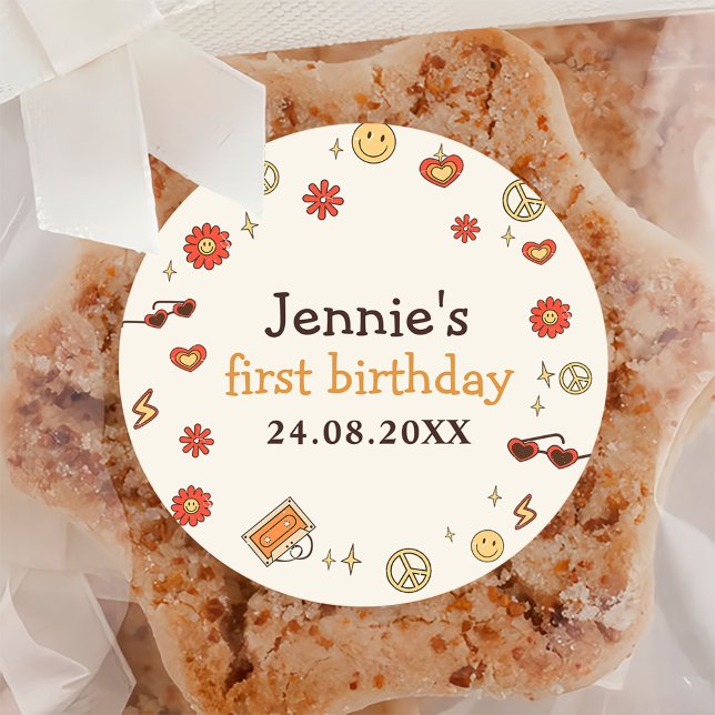 Adesivo Um primeiro aniversario Retro Arco-Íris de Groovy (Criador carregado)