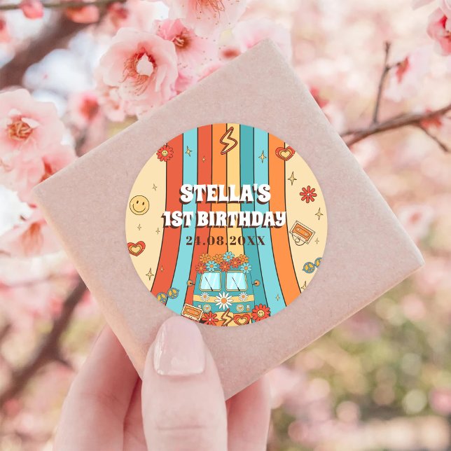 Adesivo Um primeiro aniversario Retro Arco-Íris de Groovy (Criador carregado)