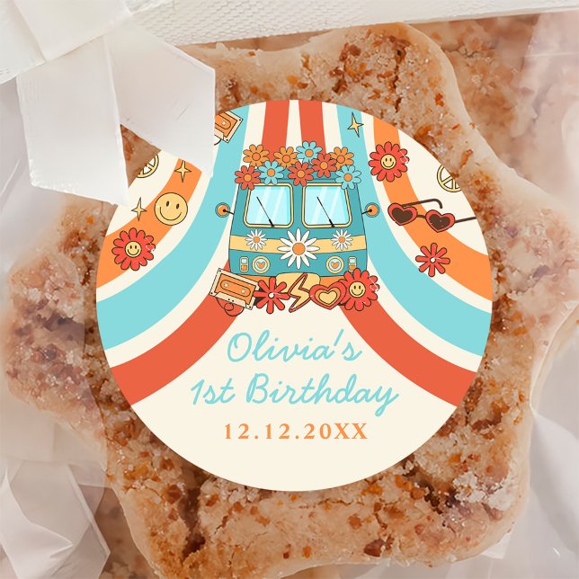 Adesivo Um primeiro aniversario Retro Arco-Íris de Groovy (Criador carregado)