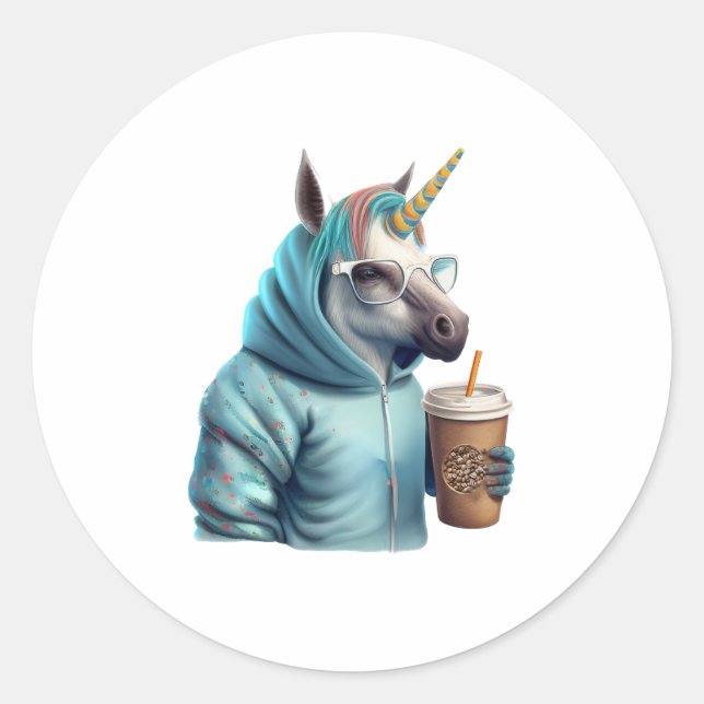 Adesivo Um unicórnio com capuz bebe um café. 1 (Frente)