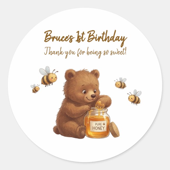 Adesivo Um Urso de Mel Doce, Obrigado Aniversário (Frente)
