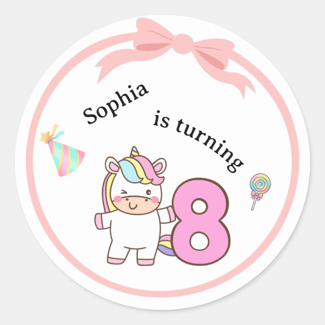 Adesivo Unicorn 8 Birthday Sticker Pack Cute Party Design (Frente)